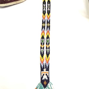 Vintage Handmade Glass seed bead work Flapper Sautoir Necklace with Thunder Bird & Arrows Motifs Orange Yellow Blue Seed Bead Navajo Style image 2