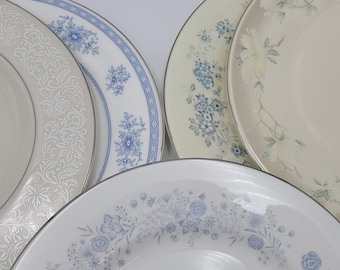 Ensemble de 5 assiettes dépareillées fantaisie de 10 à 10 1/2 po. wedgwood, royal doulton, pickard bleu blanc vert