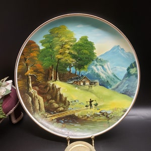 Vintage Hand Painted Detailed Men Carrying Fish to Cabin Scene Yamatyu China Decorative Plate Wall Handing Decor Plate