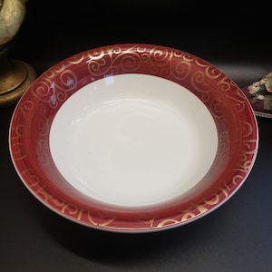 Pier 1 Hand Painted Earthenware Gold Swirl Large Bowl, Pier 1 Gold Swirl 12.5&quot; Handpainted Earthenware Bowl, Red & Gold Swirl 12&quot; Bowl