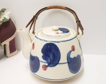 Antique 1800's Hand Painted Teapot, Antique Teapot, Antique Teapot with Bamboo Handle