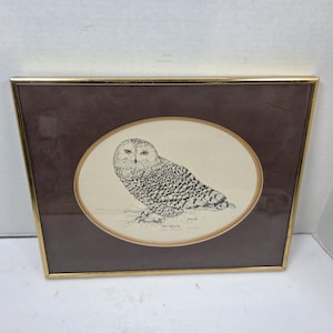 May include: Framed artwork featuring a detailed pen and ink drawing of a snowy owl. The owl is depicted in an oval frame, set against a brown background, and encased in a gold-colored frame. The artwork is a nature-themed piece.