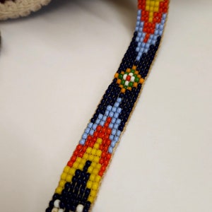 Vintage Handmade Glass seed bead work Flapper Sautoir Necklace with Thunder Bird & Arrows Motifs Orange Yellow Blue Seed Bead Navajo Style image 8