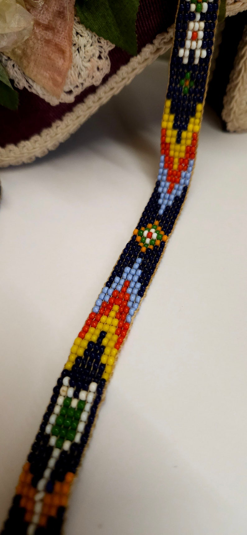 Vintage Handmade Glass seed bead work Flapper Sautoir Necklace with Thunder Bird & Arrows Motifs Orange Yellow Blue Seed Bead Navajo Style image 8