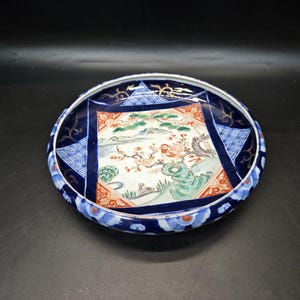 Early Antique Imari Shallow bowl Imari pattern Cobalt blue 11 x 2 1/2 inch rooster/duck scene