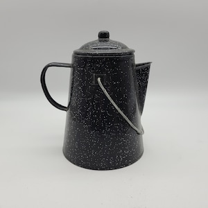 Dark blue speckled camping coffee pot Great shape 9&quot; tall  enamelware granite ware