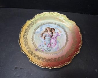Plato de Blenheim, Alemania, RARO, con retrato de 2 mujeres y borde dorado. Muy bonito. 9 1/2"