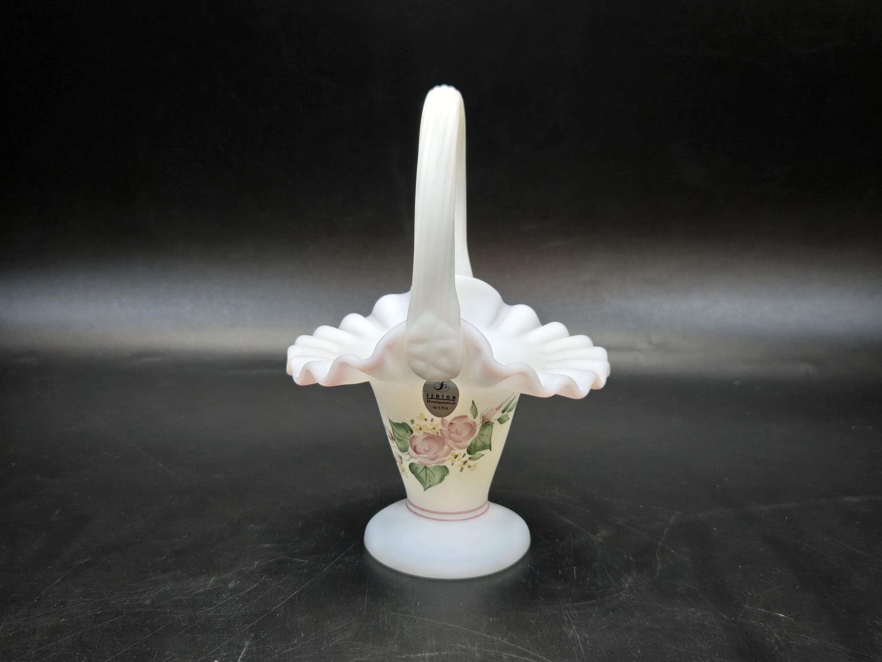 Fenton Small Basket/vase White Milk Glass Hand Painted Signed S