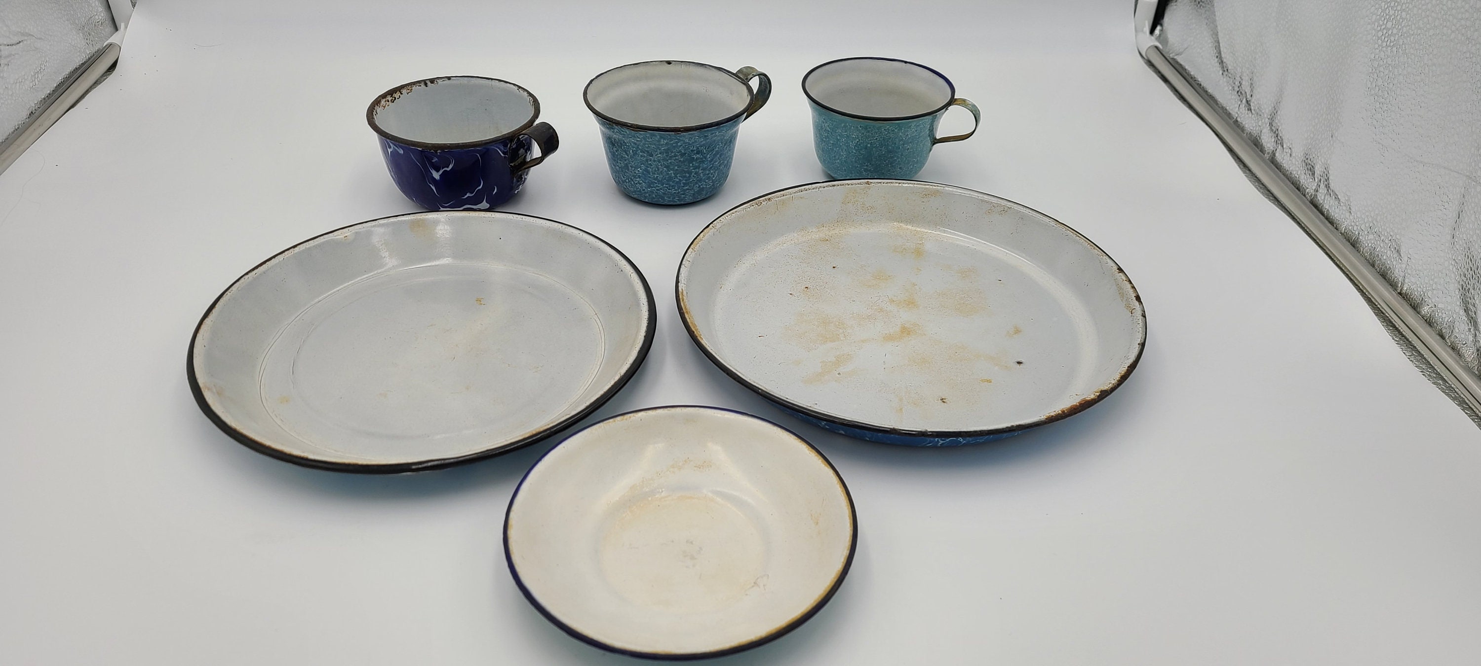 Vintage Black and Periwinkle Splatter Enamel Enamelware Pie Dishes Plates-  Set of 2