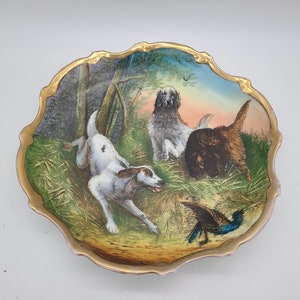 Antique large plate/charger Victoria Carlsbad austria hand painted hunting dogs scene bird hunting 11 3/4"