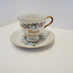 Norcrest China Happy Anniversary Teetasse und Untertasse rosa rose blumen