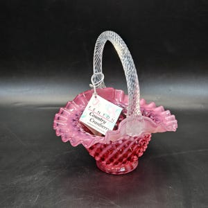 Rare MINT Country Cranberry opalescent hobnail Basket 7 3/4&quot;