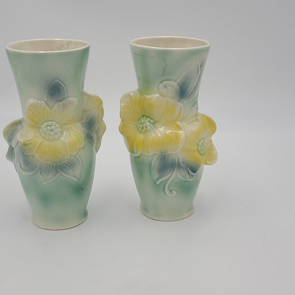 Pair of Royal Copley Pottery vases pastel colors green and yellow flower matched pair 7" tall