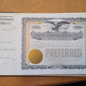 Knott Manufacturing Co tell city Indiana 100 Share stock certificate Blank MINT
