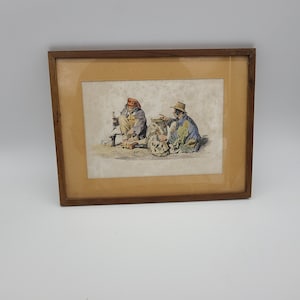 Antique Hand colored Etching Print GLI ZINGARI men blacksmithing 1850s print