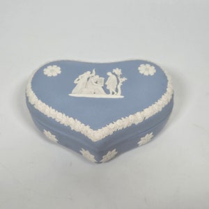 Antique Wedgwood Jasperware Light blue Heart shape trinket box, woman playing Harp  5 1/4&quot;
