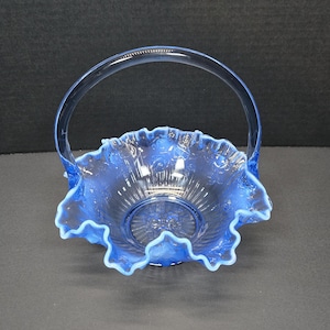 Rare Blue opalescent Fenton Cabbage rose Bridal basket blue and white