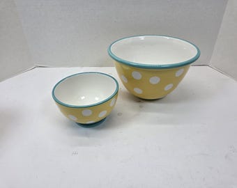 Lot of 2 Certified International blue rimmed yellow white polka dot mixing bowls