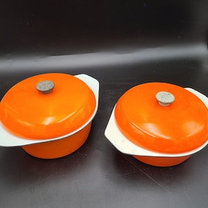 Pair of vintage Mid century Orange enamel over steel covered pans/pots 7 1/2 inch