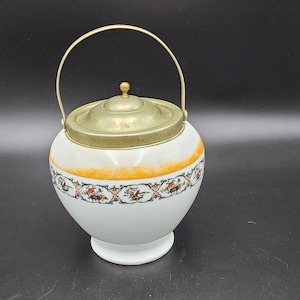 Antique Victorian Biscuit/cracker jar with handle hand painted bird and flower scenes milk glass