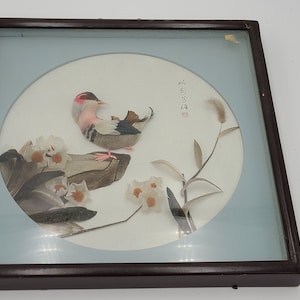 Oriental Feather art shadow box bird on a tree branch 12 1/2&quot;