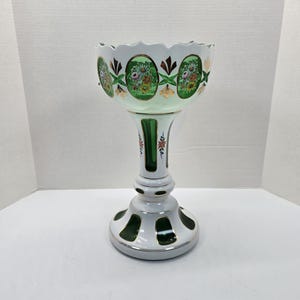 Antique Bohemian Czech White cut to green vase with flower pattern 14&quot; tall