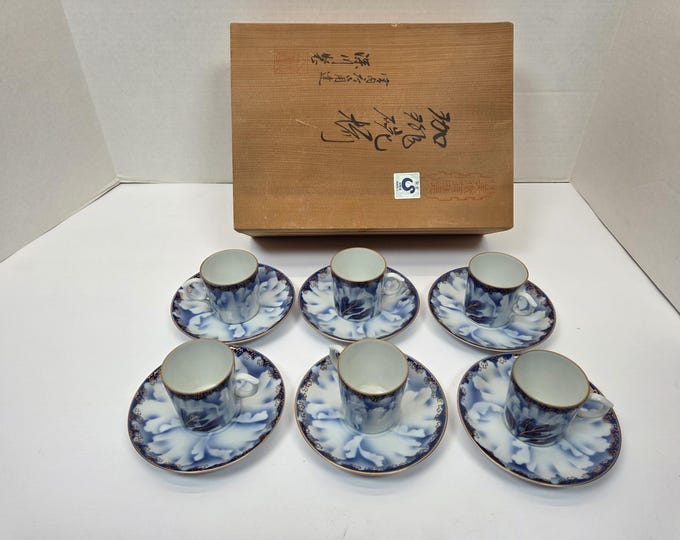 Set of 6 Blue and White Fukagawa Seiji Peony Arita Demitasse Tea Cup ...