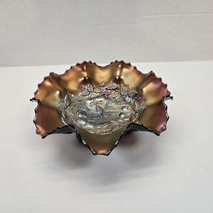 Rare Northwood 3 fruits medallion purple/amethyst ruffled bowl 9&quot; MINT