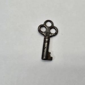Puede incluir: Una llave de metal vintage, oxidada, con una cabeza en forma de trébol. La llave tiene un solo eje de metal recto.