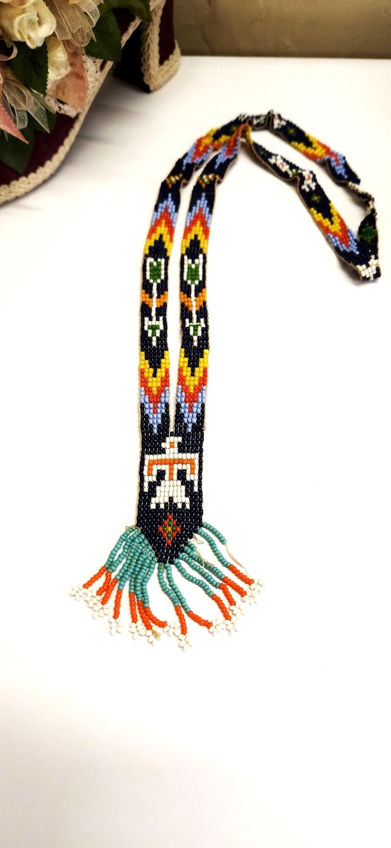 Vintage Handmade Glass seed bead work Flapper Sautoir Necklace with Thunder Bird & Arrows Motifs Orange Yellow Blue Seed Bead Navajo Style