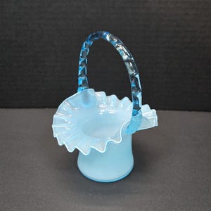 Rare vintage Fenton Blue overlay opalescent white and blue Basket 5&quot; diameter