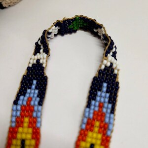 Vintage Handmade Glass seed bead work Flapper Sautoir Necklace with Thunder Bird & Arrows Motifs Orange Yellow Blue Seed Bead Navajo Style image 6