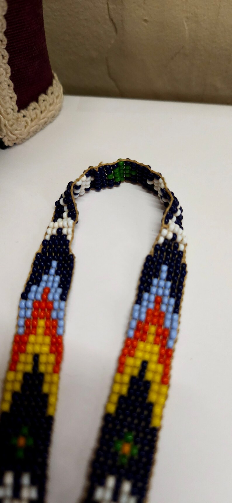 Vintage Handmade Glass seed bead work Flapper Sautoir Necklace with Thunder Bird & Arrows Motifs Orange Yellow Blue Seed Bead Navajo Style image 6