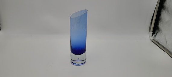 Very nice Cobalt blue with thick clear bubble base hand blown slant top vase 8"