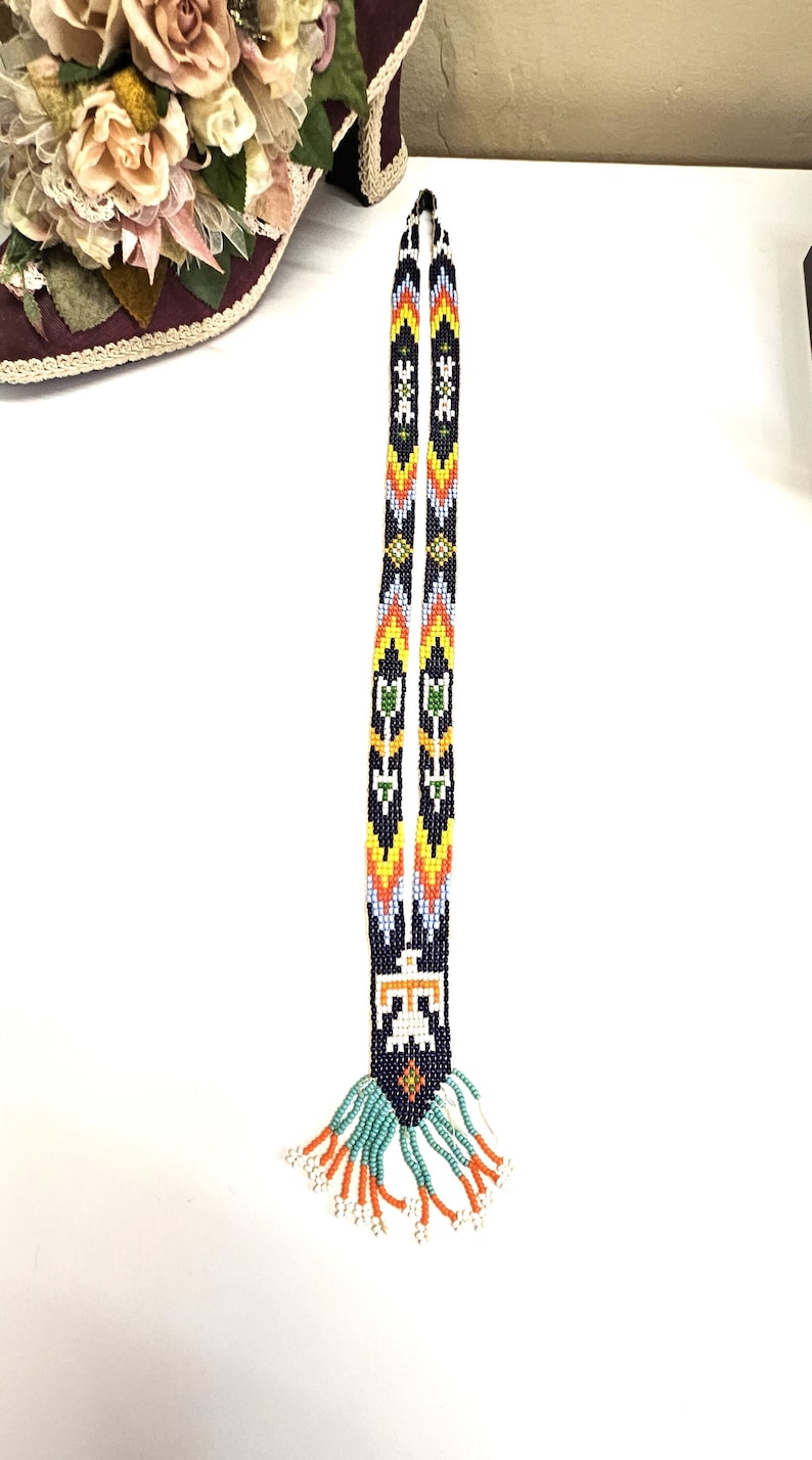 Vintage Handmade Glass seed bead work Flapper Sautoir Necklace with Thunder Bird & Arrows Motifs Orange Yellow Blue Seed Bead Navajo Style image 2