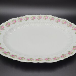 Antique CT Germany china white/pink rose serving platter ribbed 16 1/2 x 12 1/2