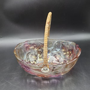 Vintage Glass Iridescent colored fruit basket w/ wood handle 9 1/2 x 8 inches