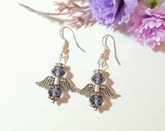 Pendientes colgantes de plata de ley 925 con forma de ángel de cristal morado, hechos a mano. Pendientes colgantes de plata de ley con piedra natal de ángel de la guarda. Regalo personalizado.