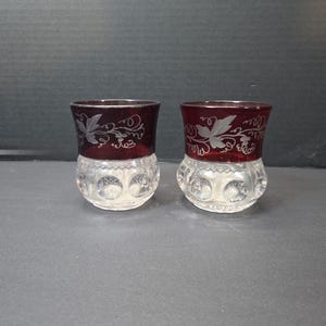 May include: Two small glass tumblers featuring a deep red upper section with etched white leaf and vine patterns. The lower portion of each tumbler is clear glass with a textured, circular dimpled design around the base of the vessel.