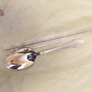 May include: A silver spoon with a decorative handle. The spoon is lying on a white surface with a ruler next to it. The ruler is marked with numbers from 1 to 17.