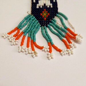 Vintage Handmade Glass seed bead work Flapper Sautoir Necklace with Thunder Bird & Arrows Motifs Orange Yellow Blue Seed Bead Navajo Style image 3