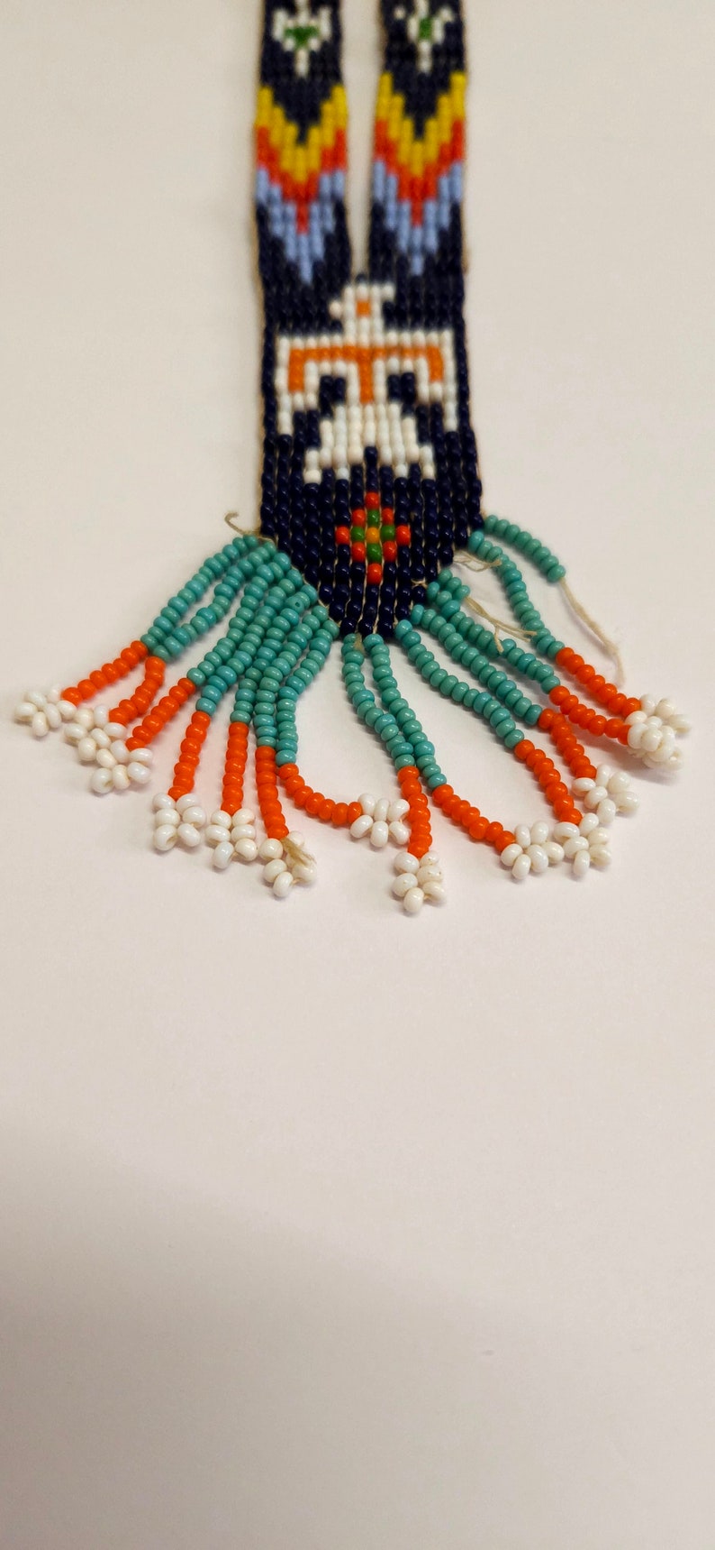 Vintage Handmade Glass seed bead work Flapper Sautoir Necklace with Thunder Bird & Arrows Motifs Orange Yellow Blue Seed Bead Navajo Style image 3