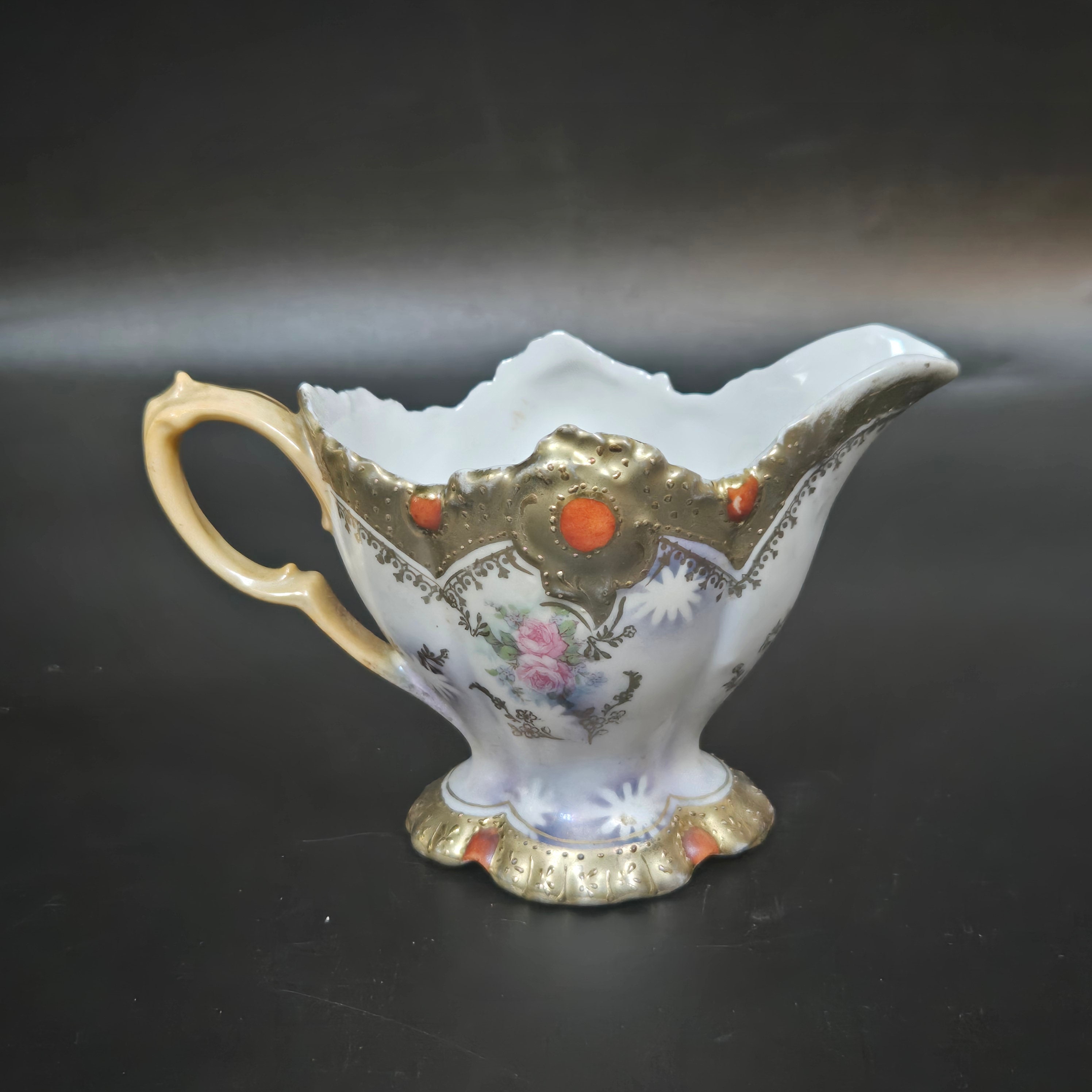 Very fancy pink flower RS Prussia Gold trim Creamer 3 1/2"