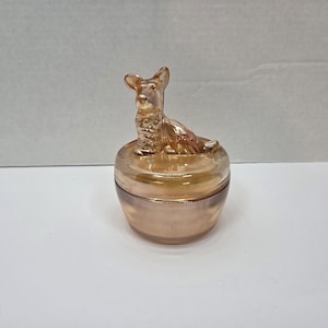 Vintage JEANNETTE Marigold Carnival Glass Scottie Dog Powder Jar/Trinket Box
