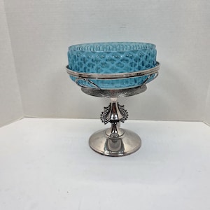 Antique Victorian webster silver plated compote serving bowl opalescent blue glass bowl ornate stand.
