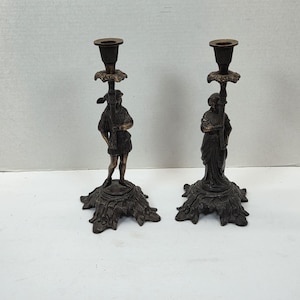 Antique Bronze Figural man and woman Candle sticks candleholders 1800s bronze