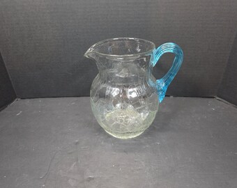 Nice Crackle glass with Applied reeded blue handle hand blown 64oz Pitcher
