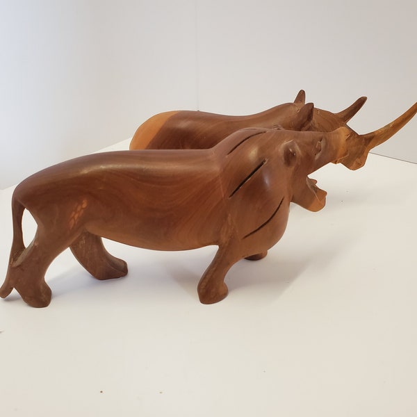 Pair of hand carved wood animals Rhino Rhinoceros, Lion 8"