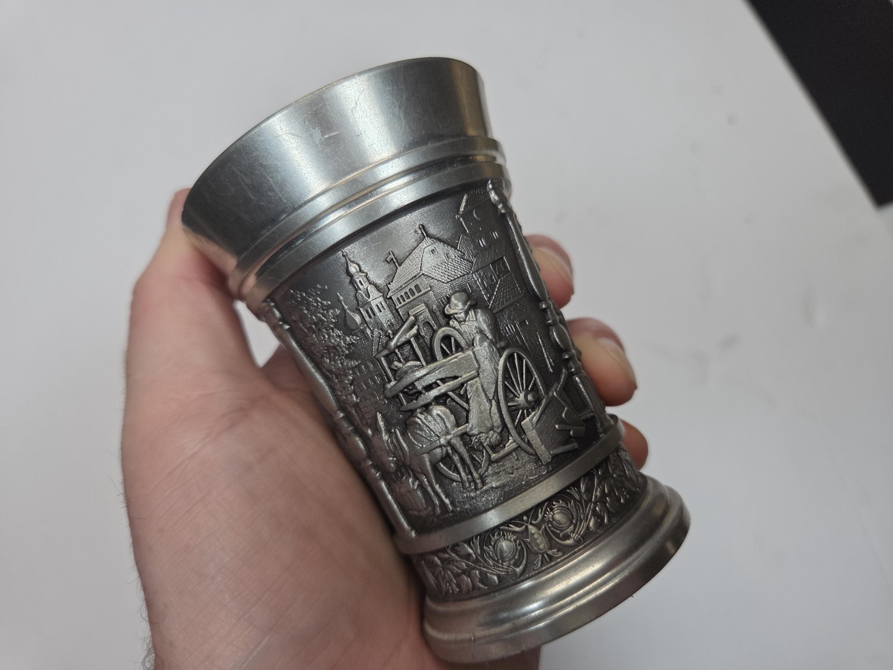 Vintage Pewter Artina SKS Zinn 95% Small Cup Fancy Horse Carriage