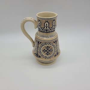Antique salt glaze style cobalt blue and brown Very ornate pitcher 9&quot; tall